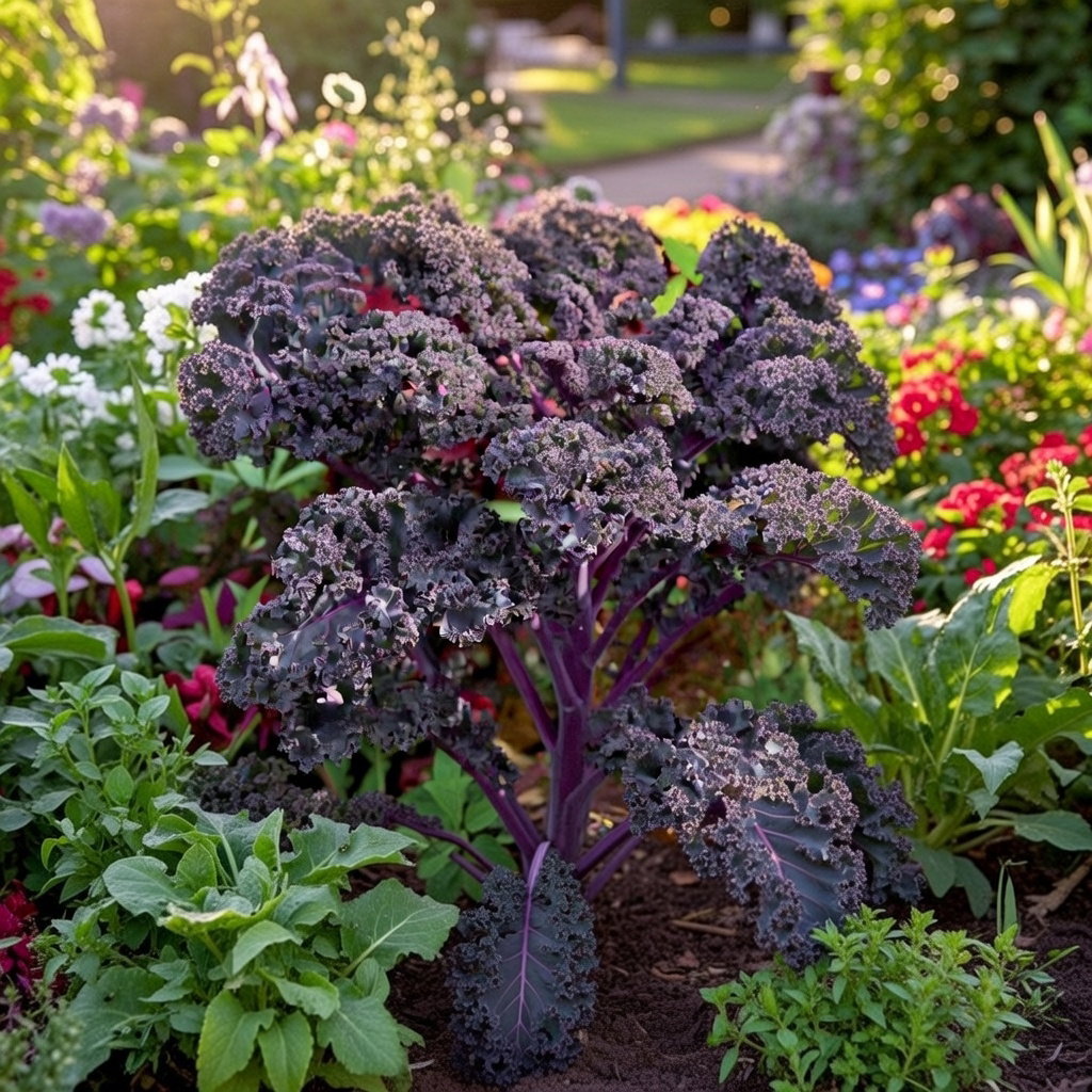 Lilla Scarlet grønkål i blomsterbed med tætte, krøllede mørkelilla blade; hårdfør sort fra Horti Tops, trives i solrigt, veldrænet jord og bliver mere lilla i koldt vejr.