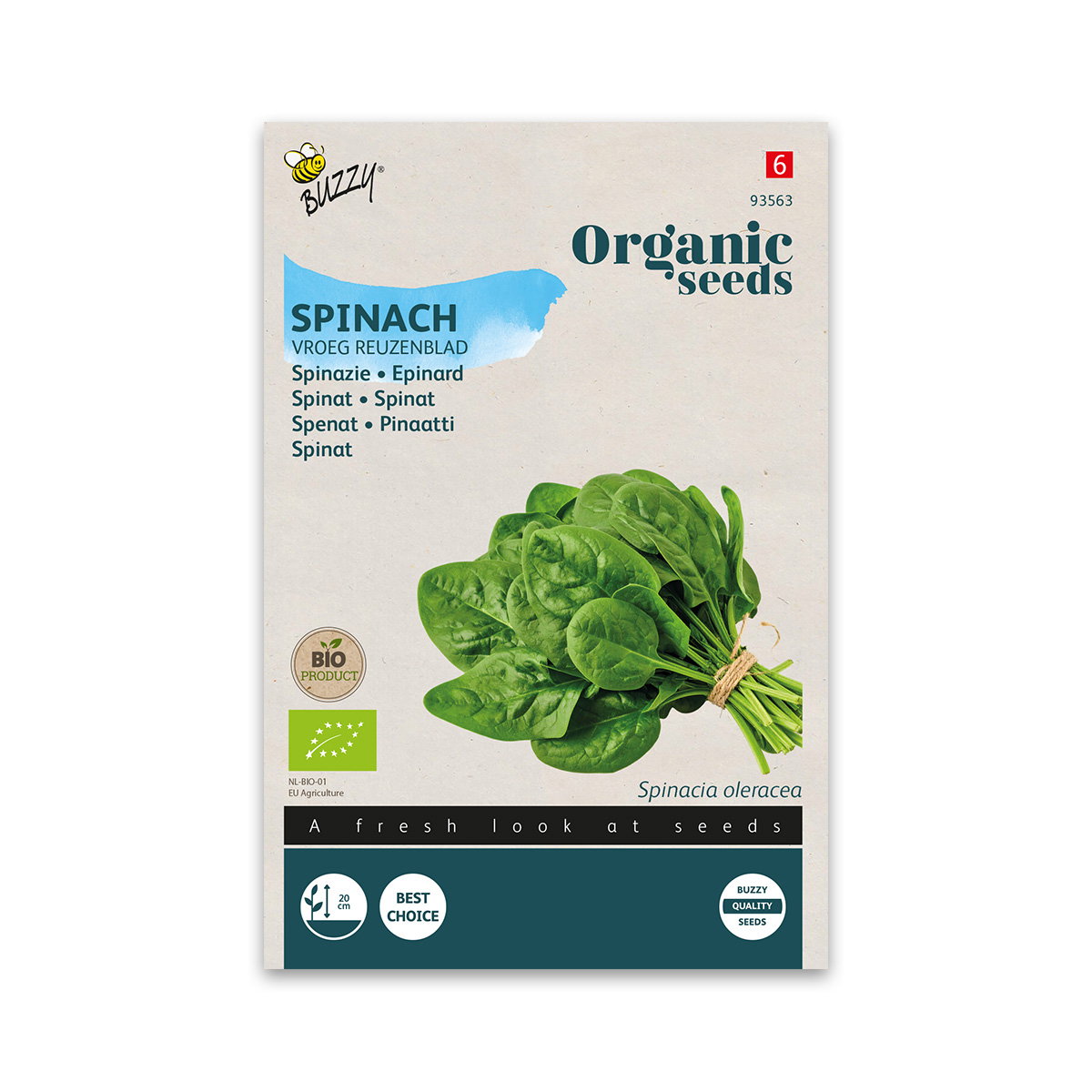Økologiske spinatfrø Vroeg Reuzenblad fra Buzzy Organic – tidlig, hurtigtvoksende sort med store, mørkegrønne blade Pakke med Økologiske spinatfrø Vroeg Reuzenblad fra Buzzy Organic; billede af et bundt friske, mørkegrønne spinatblade. Tidlig, hurtigtvoksende og robust sort, velegnet til salater, smoothies og køligere dyrkningsforhold.
