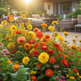 Blomsterbed med røde og gule dahliaer og anemoner fra Florex Sunny Festival-pose, 1 m² – blanding af 20 specielt udvalgte løg for et tæt blomstertæppe i varme røde og gule nuancer