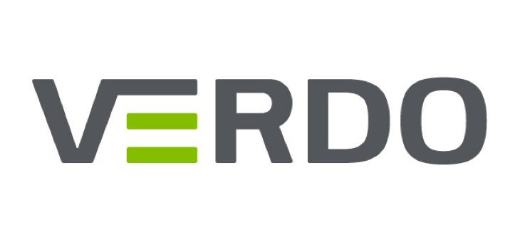 Verdo-logo med grå bogstaver og to grønne streger i bogstavet E