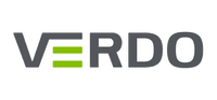 Verdo-logo med grå bogstaver og to grønne streger i bogstavet E