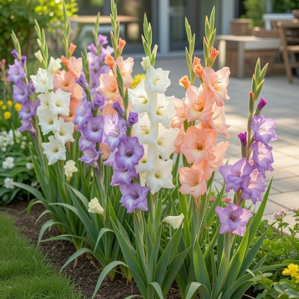 Pastelfarvet Gladiolus Pastel mix i bed med lyserøde, lilla og hvide blomster. 8 løg fra Florex, 80–100 cm høje, velegnede som snitblomster og til solrigt, veldrænet voksested.