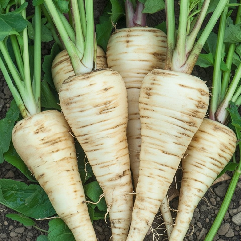 Bundt pastinakker, sort 'Guernsey', med grøn top liggende på jord – hvide, koniske rodfrugter ideelle til supper, gryderetter og ovnbagt tilberedning. Pastinakfrø til frilanddyrkning (Horti Tops).