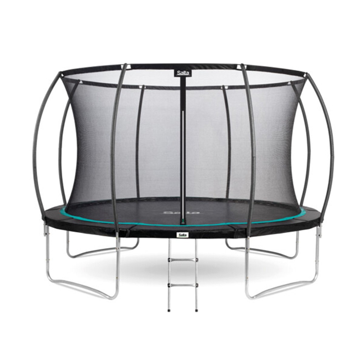 Sort rund trampolin med stige og net