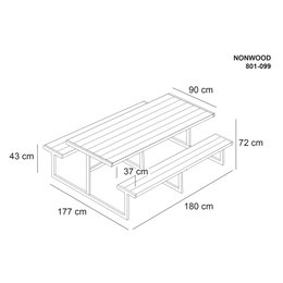 NONWOOD picnicbord med bænk, måltegning Tegning af NONWOOD picnicbord med bænke og mål i cm