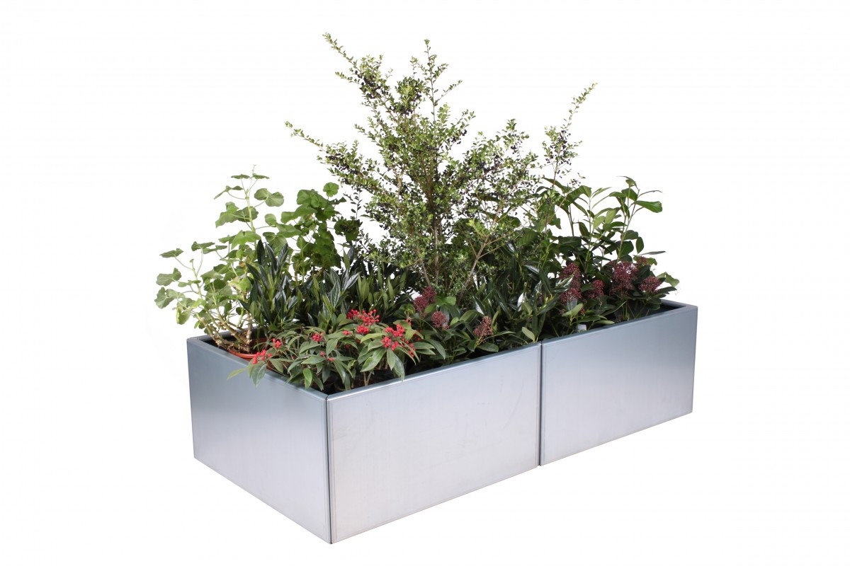 Rektangulær plantekasse i metal til haven Stor metalplantekasse med grønne planter
