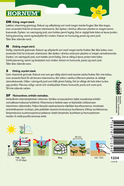 Bagside af Hornum frøpose med dyrkningsvejledning