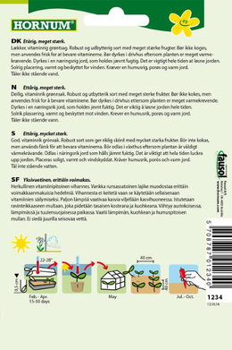 Hornum frøpose til stærk vitaminrig grøntsag Bagside af Hornum frøpose med dyrkningsvejledning