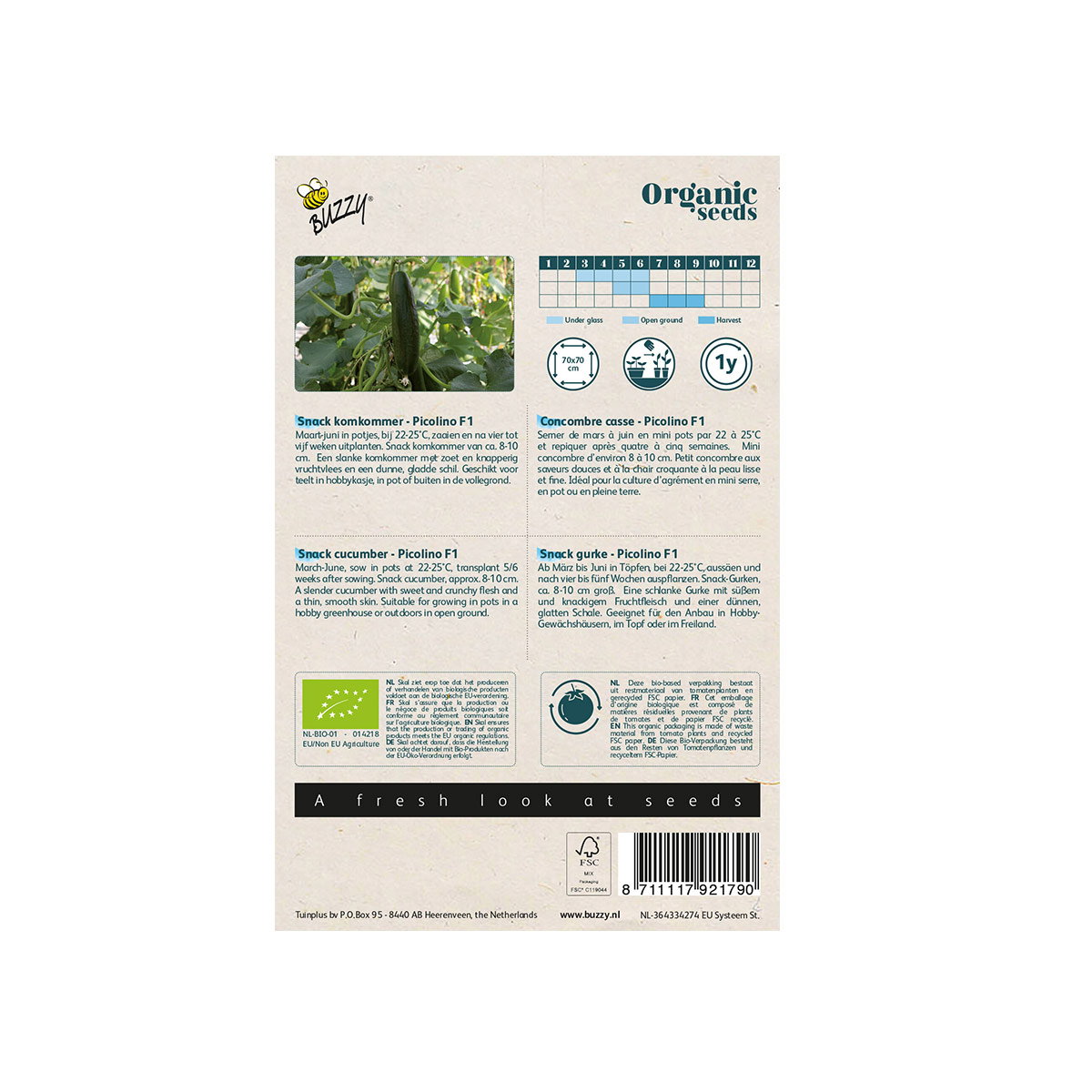 Buzzy Organic Seeds snackagurk Picolino F1 frøpose bagside