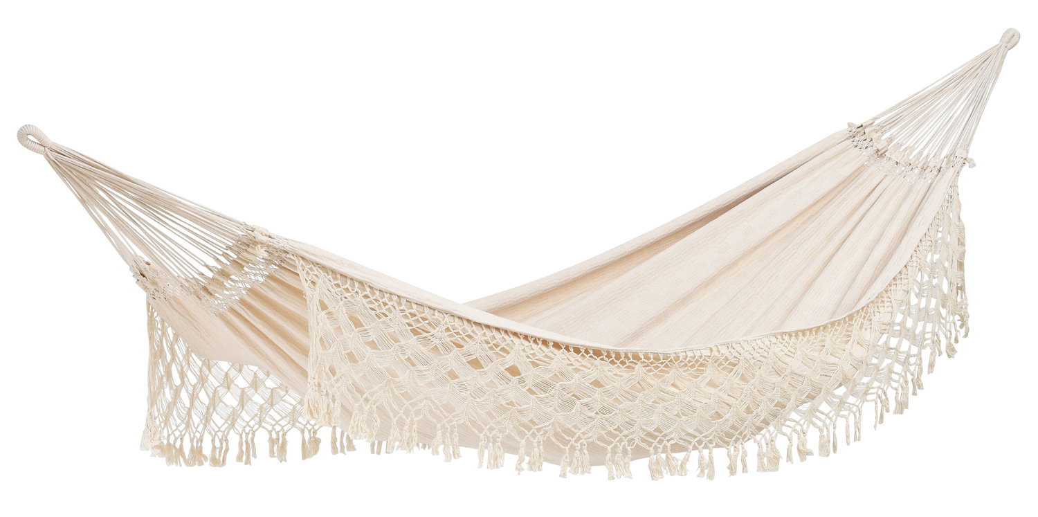 Cremehvid hængekøje med macramé-detaljer Dekorativ cremefarvet hængekøje med macramé-kant