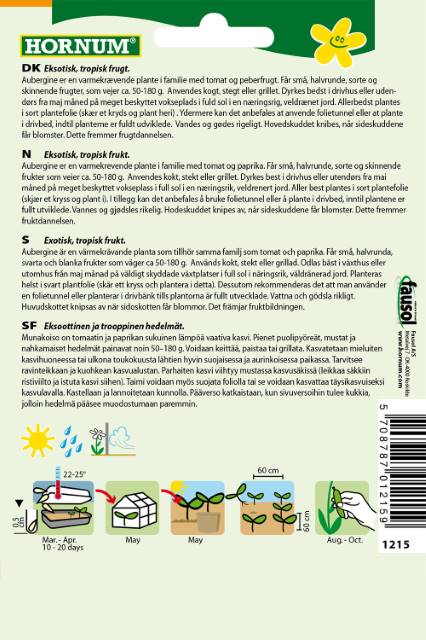 Bagside af Hornum aubergine frøpose med tekst og ikoner