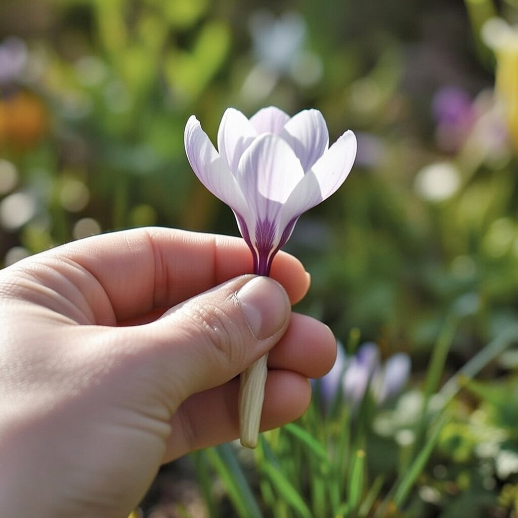 Hånd holder en tofarvet krokusblomst 'Prins Claus' med mørklilla basis og klar hvid top. Vild krokus, tidlig forårsblomstring, ideel til bede og snekontrast – Krokusløg 10 løg fra Sperli.