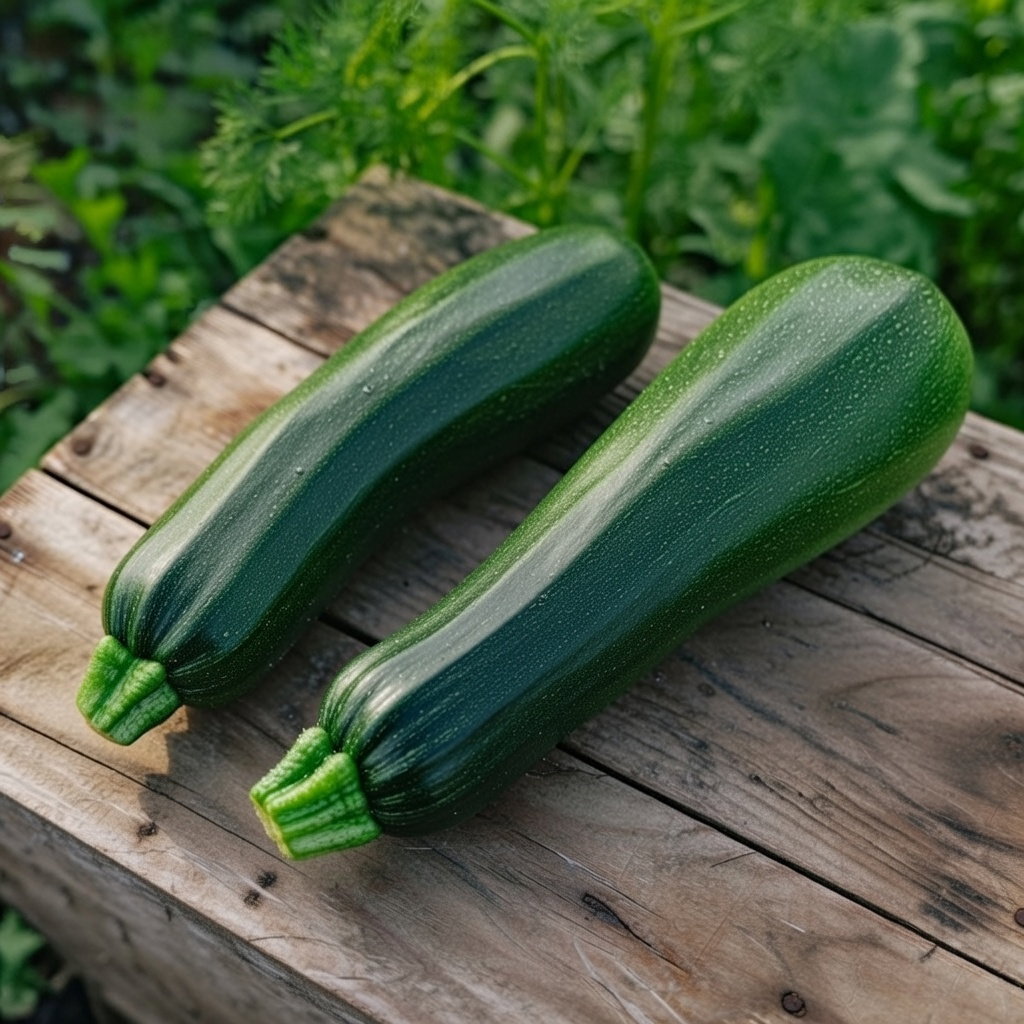 To modne Black Beauty summer squash (mørkegrøn zucchini) lagt på et træbord, viser glat skind og form; økologisk sort fra Buzzy Organic, ideel til høst ved 15–20 cm, sås fra maj eller forspires fra midt april.