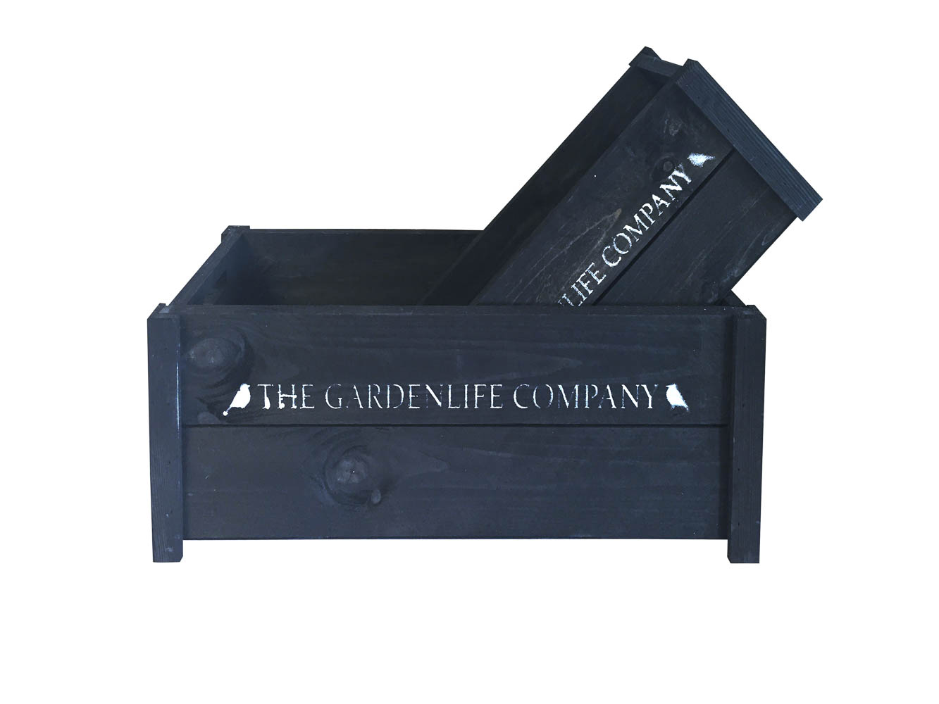 Sort trækasse med logoet The Gardenlife Company