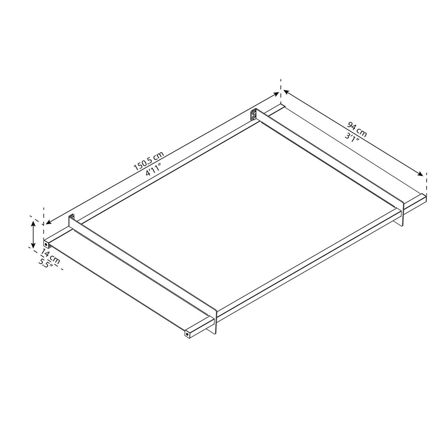 Tegning af sengestel 150,5 x 94 x 14 cm