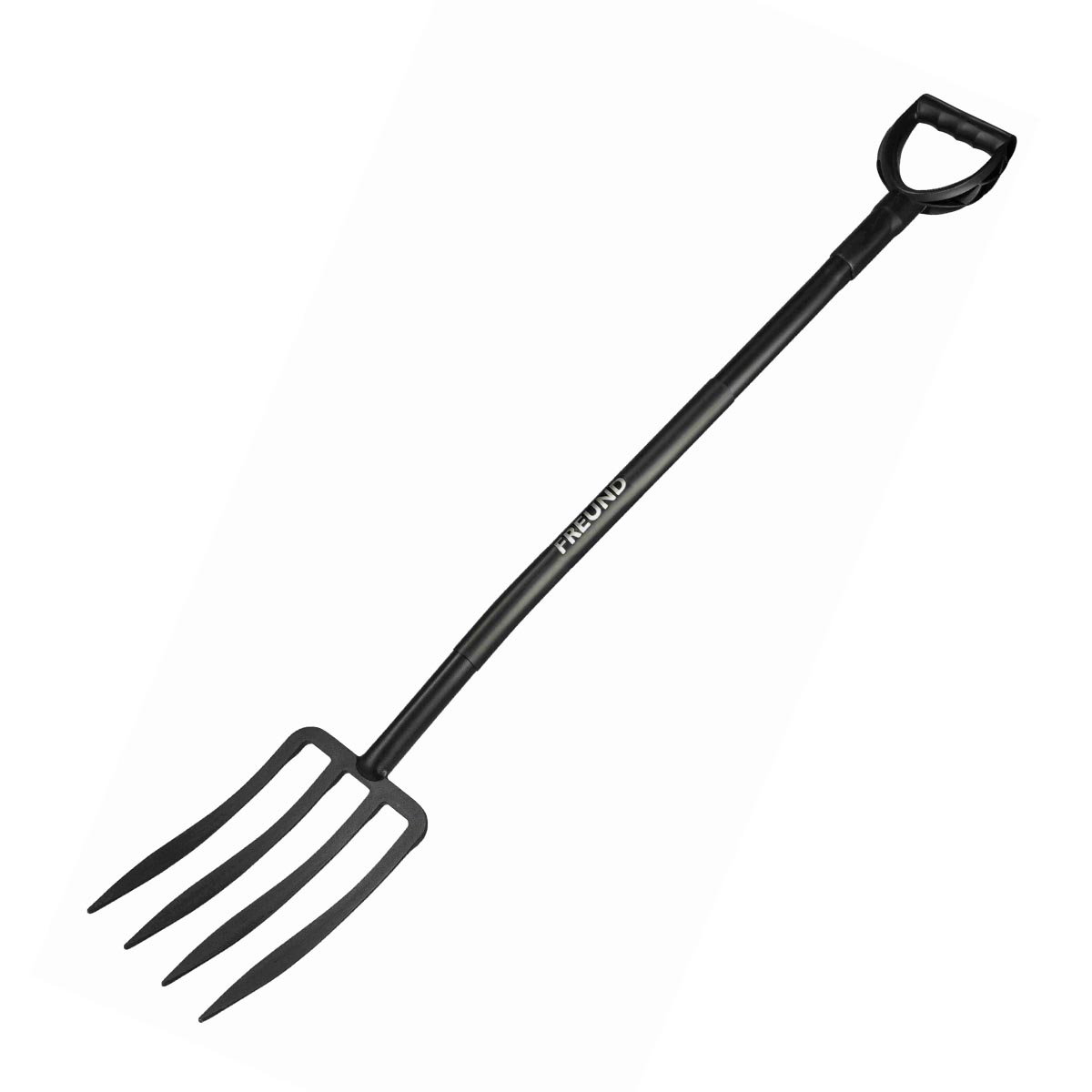 Freund Havegreb 4-tandet havegaffel smedet i ét stykke med spydformede tænder 29×20 cm, 123 cm solidt stålskaft og ergonomisk plast D-greb – robust til jordløsning, kompost og optagning af planter (Freund Victoria)