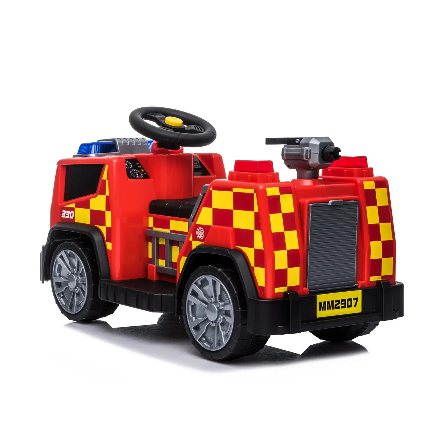 Elbrandbil til børn - NORDIC PLAY Speed rød elbil med 1 x 7,4V motor, blinkende lys og sirene, ideel til 2-6 år Rød NORDIC PLAY Speed elbrandbil til børn med 1 x 7,4V motor, blinkende blå lys, alarmsirene, rat, vandkanon og gult-rødt ternet design – elektrisk kørsel for 2-6 år (max 25 kg).