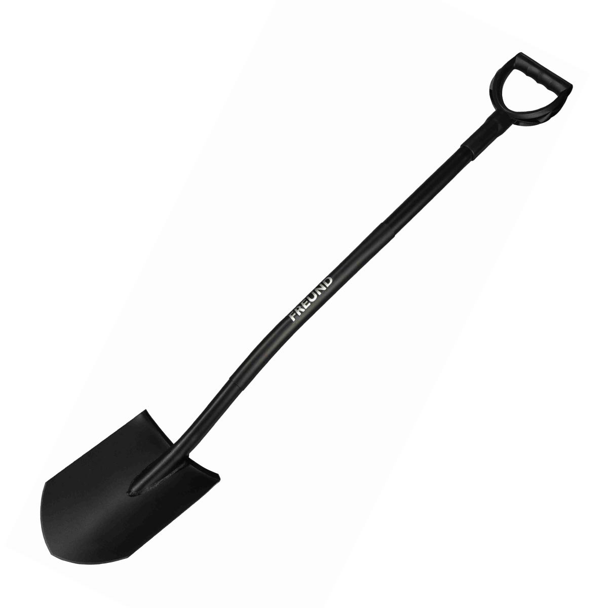 Sort Freund spids gartnerspade med 123 cm stålskaft, spids klippe/blad til kompakt jord, ergonomisk plast D-greb og integreret trædeflade, ideel til gravning i fast eller rodholdig jord - Freund Victoria
