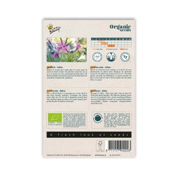 Buzzy økologiske blomsterfrø Milas, bagside Bagsiden af Buzzy økologiske blomsterfrø Milas pakke