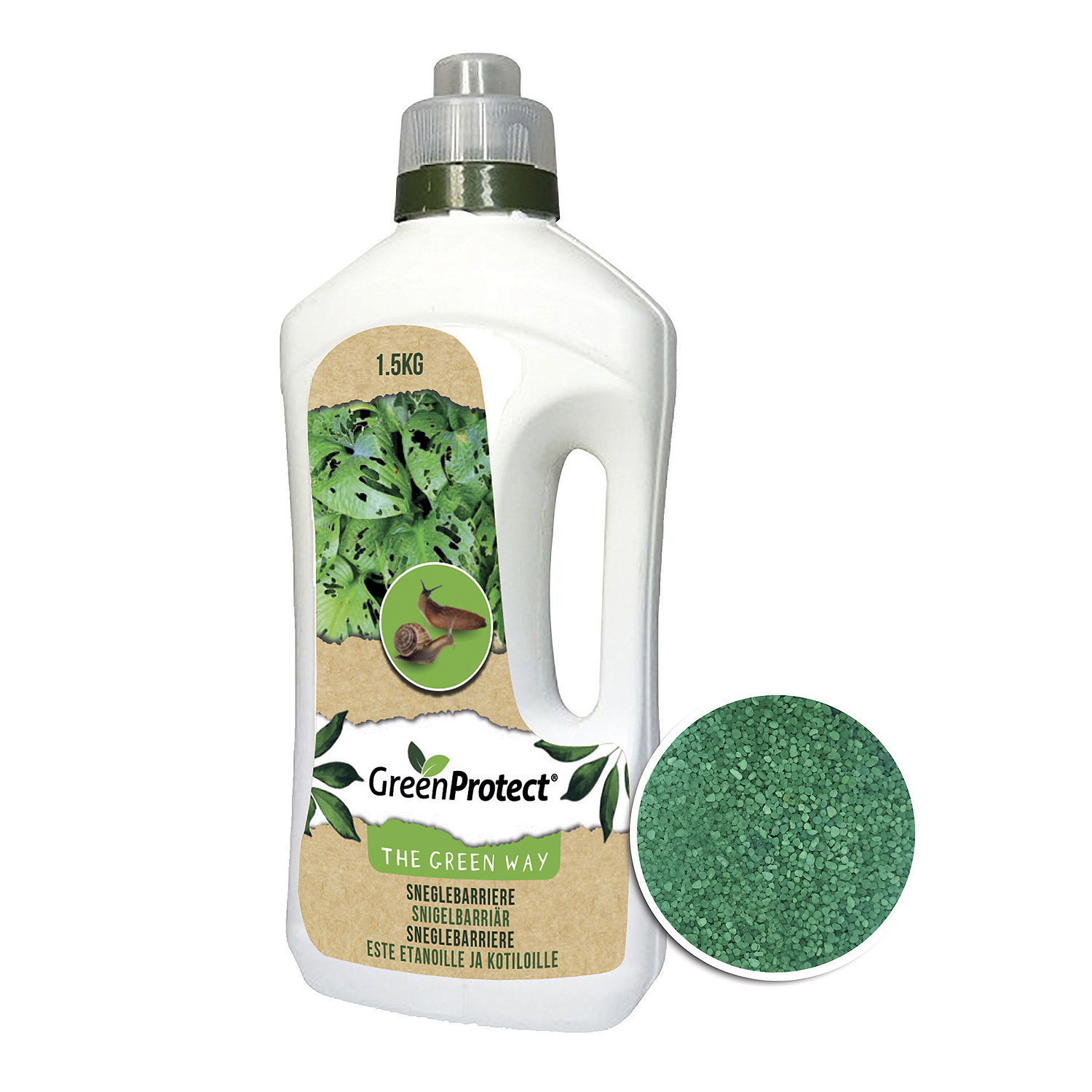 GreenProtect Sneglebarriere 1,5 kg – naturlig, gifttfri sneglebarriere til haven Billede af GreenProtect Sneglebarriere 1,5 kg flaske med håndtag og grønne granuler; klar-til-brug, mekanisk og giftfri barriere mod snegle omkring planter, bede og krukker