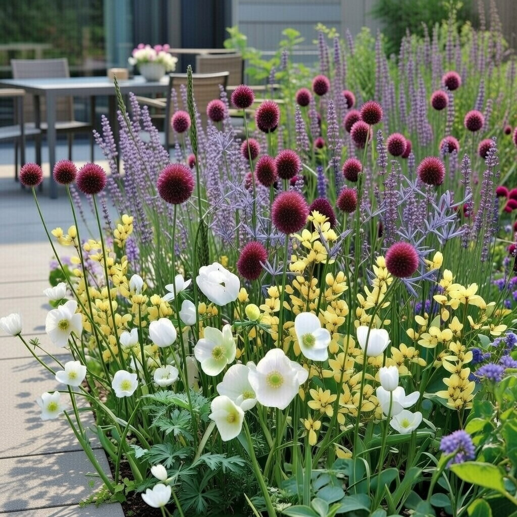 Nærbillede af blomstrende sommerfugleblanding med hvide anemoner, gule prærieliljer, lilla prydløg og kornblomster ved en terrasse. Sperli 45 løg, tiltrækker sommerfugle og bier, blomstrer maj–aug, hel eller halvskygge