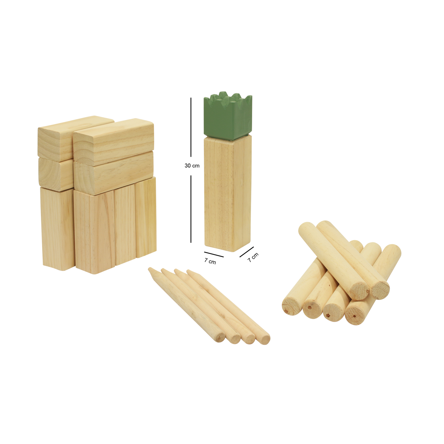 Træ Kubb spil med konge, klodser og kastepinde