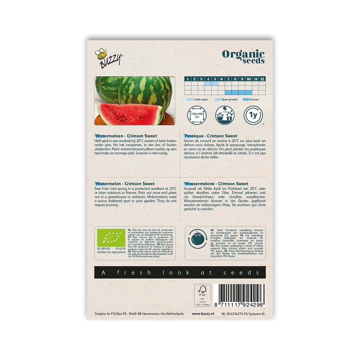 Buzzy Organic Seeds pakke med Crimson Sweet vandmelonsfrø