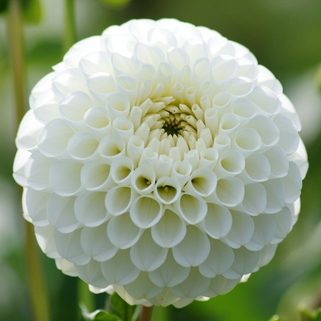 Nærbillede af hvid Dahlia Snowflake Pompon med perfekte pompon-lignende blomster (5–10 cm). Velegnet til solrig have og som snitblomst. 1 løg, producent Florex.