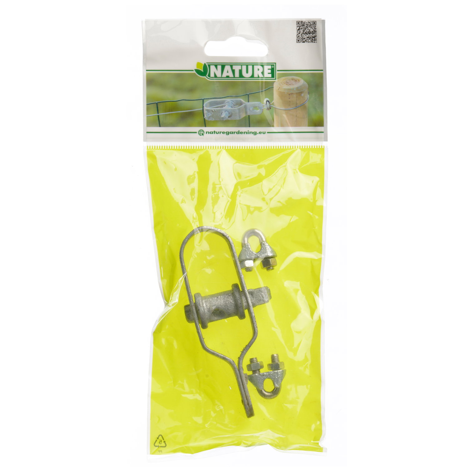Foto af Nature trådstrammere sæt i plastpakke med rulletrådstrammer og 2 wireklemmer, galvaniseret stål til opstramning af hegnstråd (fås også med grøn PVC-belægning)