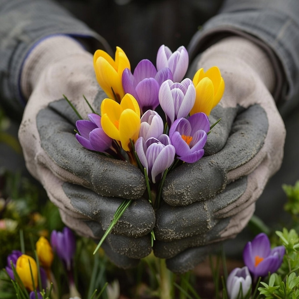 Hænder med havehandsker holder en buket vilde krokus i gult, violet og hvidt. Produkt: Krokusløg, Botanisk blanding - 15 løg fra Sperli, velegnet til bede, græsplæne, plantekasser og altan, tiltrækker tidlige humlebier.