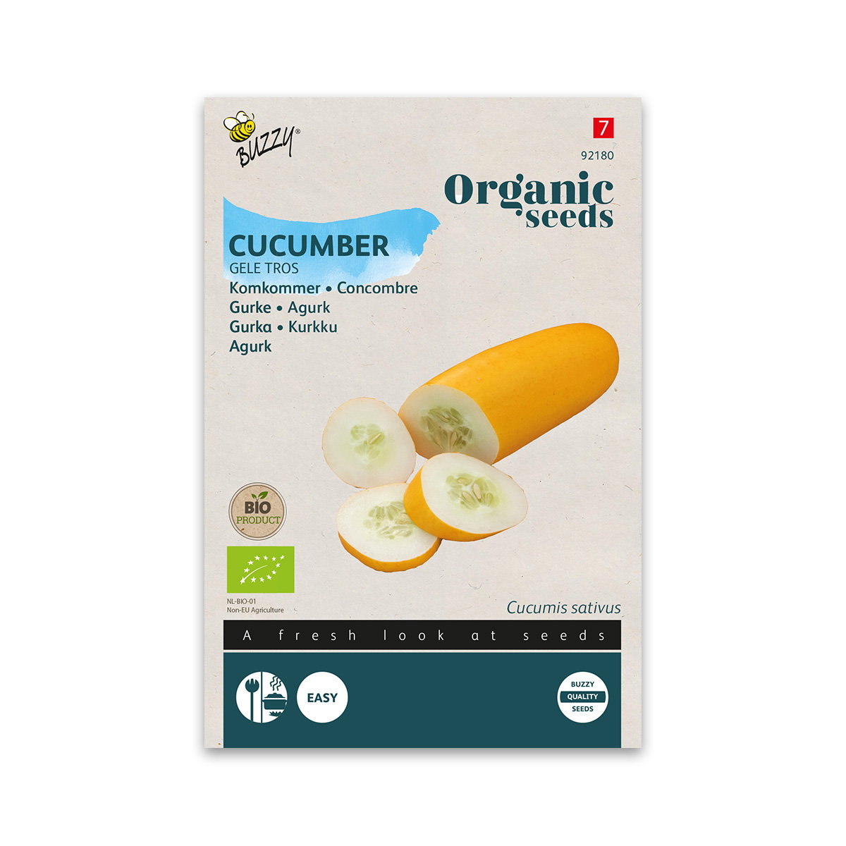 Buzzy Organic - Økologiske agurkefrø 'Gele Tros' | Lysegule, mild smag, trosdannende, velegnet til drivhus og friland Frøpakke fra Buzzy Organic til 'Gele Tros' økologiske agurkefrø med billede af lysegul agurk i skiver; dekorativ, kompakt og trosdannende sort, mild og mindre bitter, god til salat, snack og løbende høst