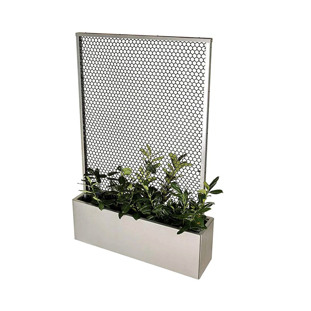 Rektangulær plantekasse i stål med gitter og grønne planter