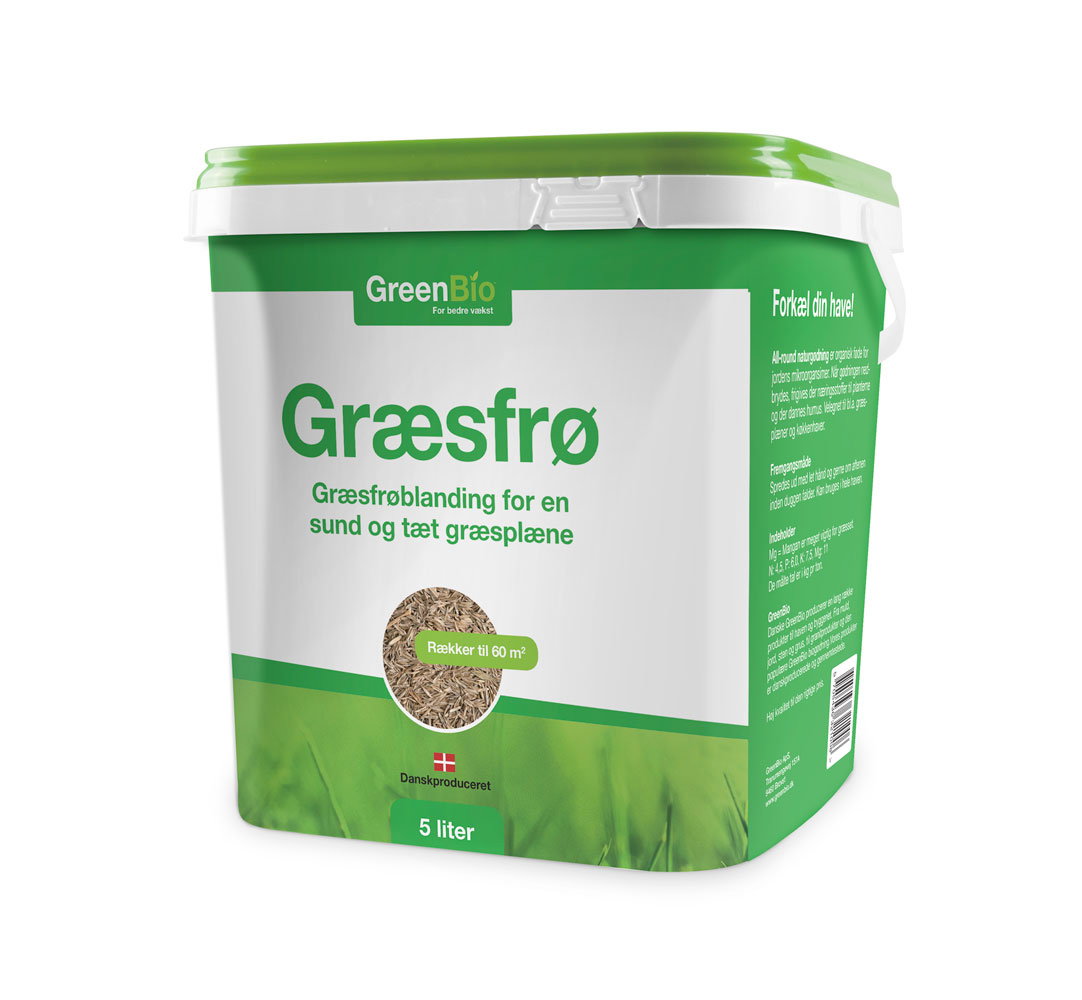 Spand med GreenBio græsfrøblanding 5 liter