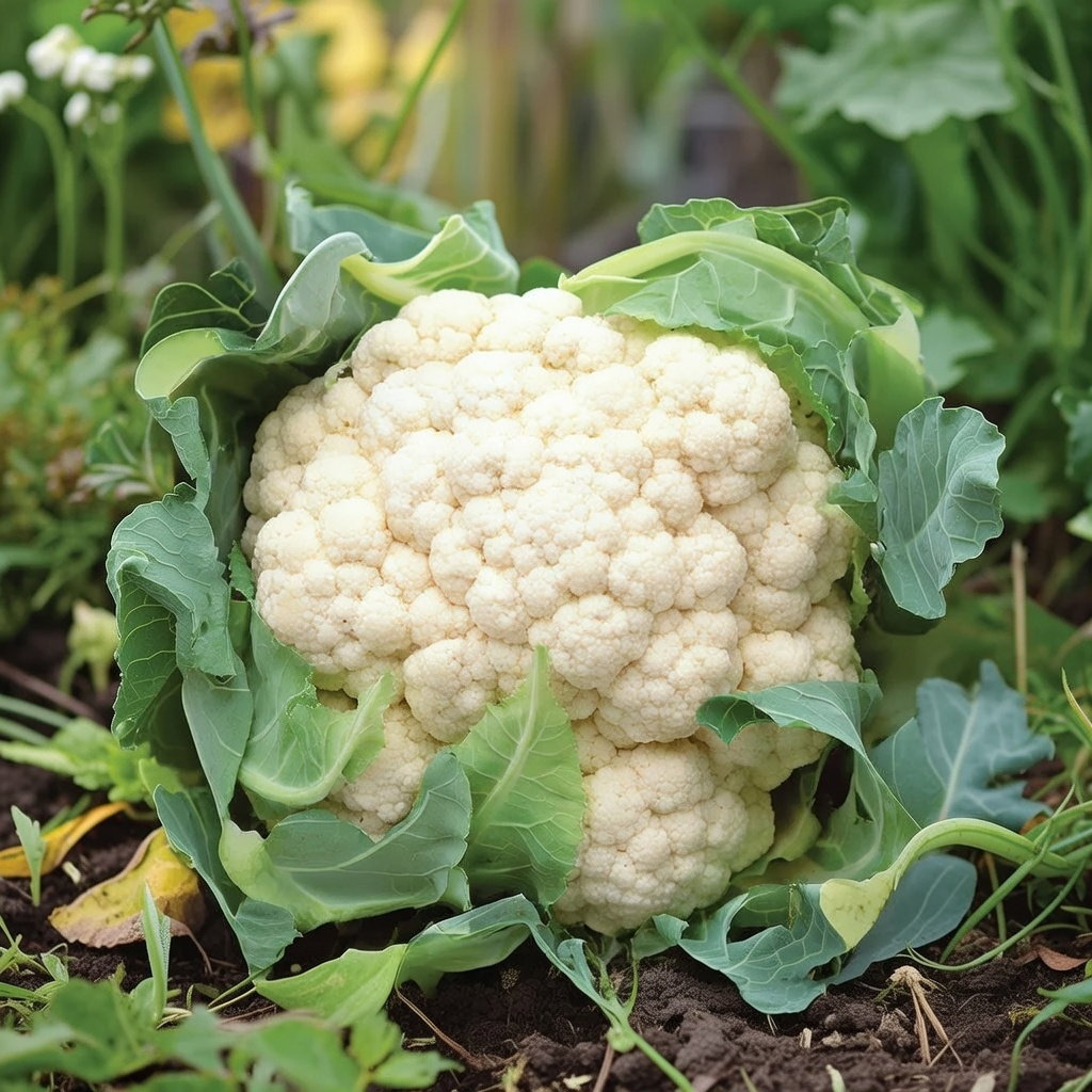 Walcheren Winter 5 blomkål i marken: stort, tæt hvidt hovede omgivet af grønne blade. Velegnet til vinterdyrkning, frosttolerant og smagfuldt — frø fra Horti Tops.