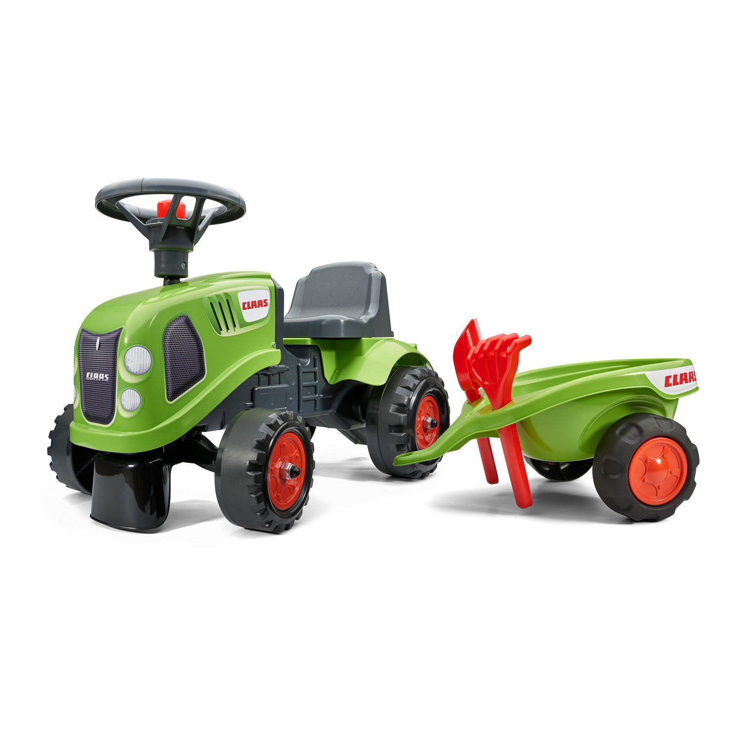 Grøn CLAAS pedaltraktor med anhænger og legetøj