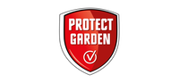 Protect Garden-logo: rødt skjold med hvid kant, hvid tekst 'PROTECT GARDEN' og hvidt flueben