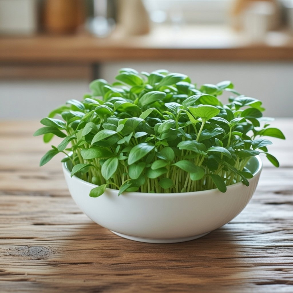 Skål med frisk dyrket mikrogrønt citronbasilikum med tætte grønne skud og blad; aromatisk citrusnote, velegnet som dekorativ topping til salater, sandwich og supper. Produkt: Mikrogrønt Citronbasilikum frø fra Buzzy.