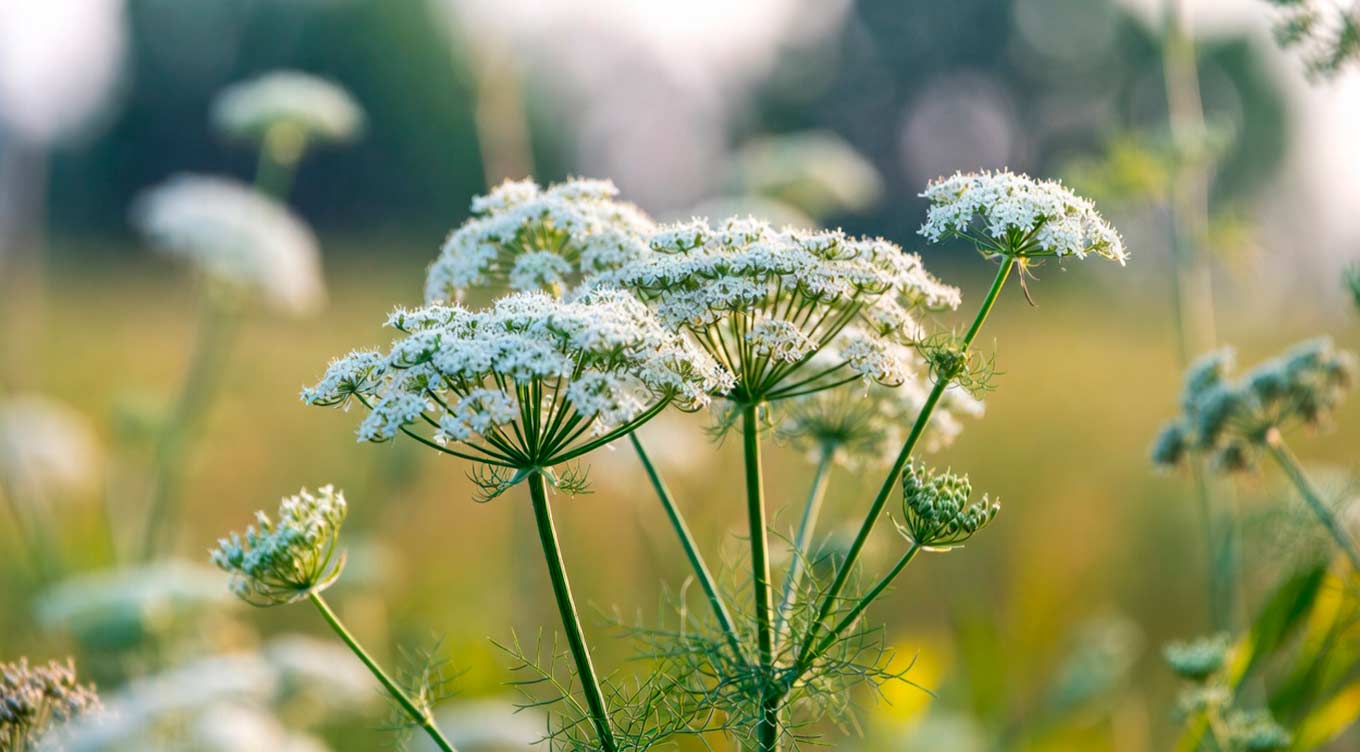 Nærbillede af hvide skærmplanteblomster på grønne stængler i blødt sollys på en sommereng