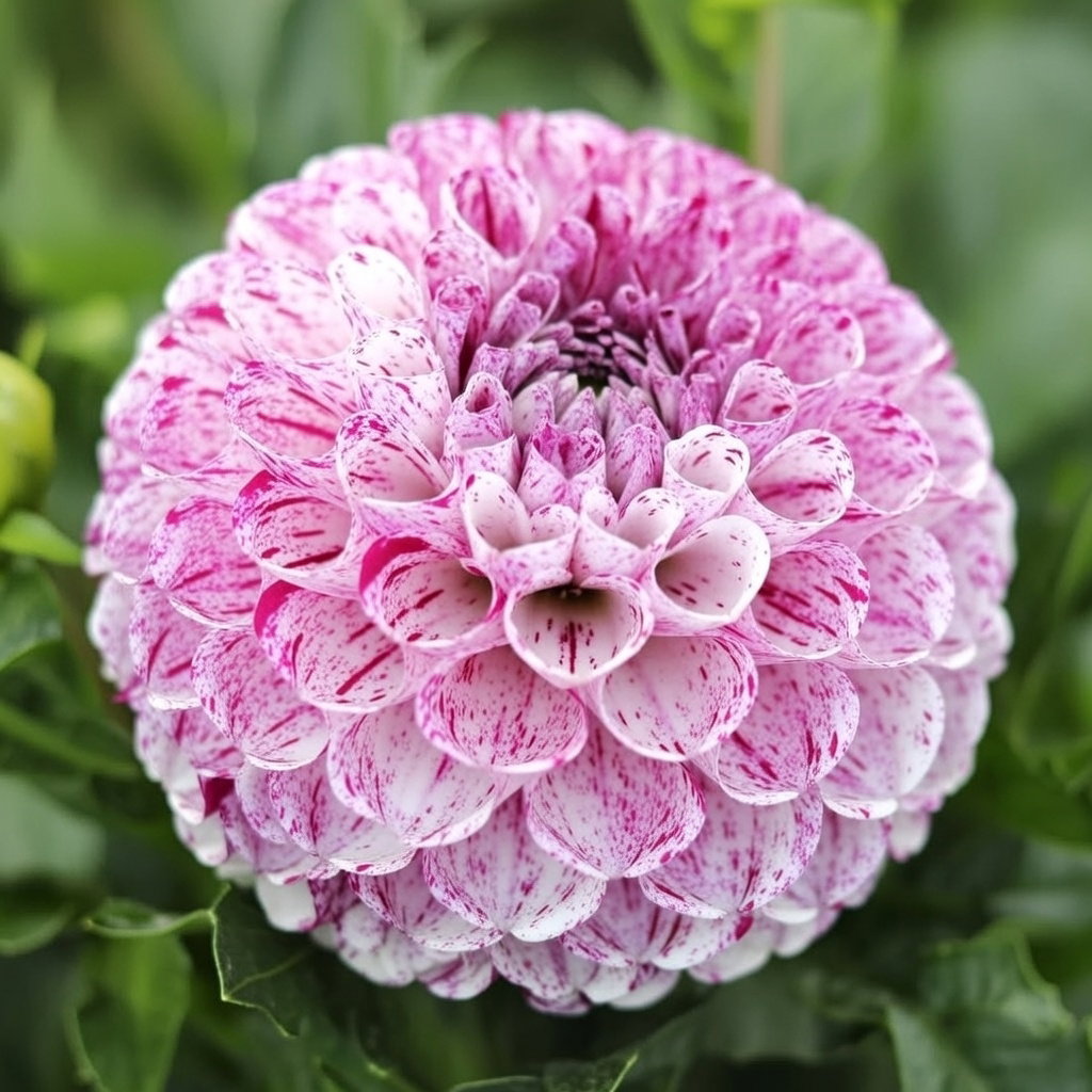 Nærbillede af Dahlia Marble Ball dahlia i lilla og hvid med tætte, kugleformede blomsterhoveder; Florex 1 løg, velegnet til bede og buketter, blomstrer juli–oktober, højde ca. 80 cm