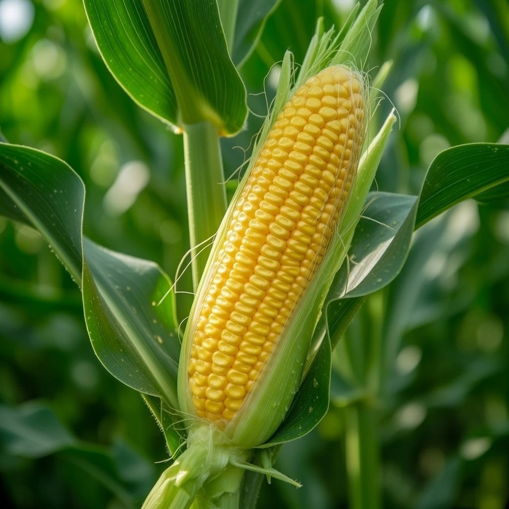 Økologisk sukkermajs Golden Bantam på planten, frisk gul kolbe omgivet af grønne blade. Frø til dyrkning og forkultivering – perfekt til grill eller kogning. Buzzy Organic.