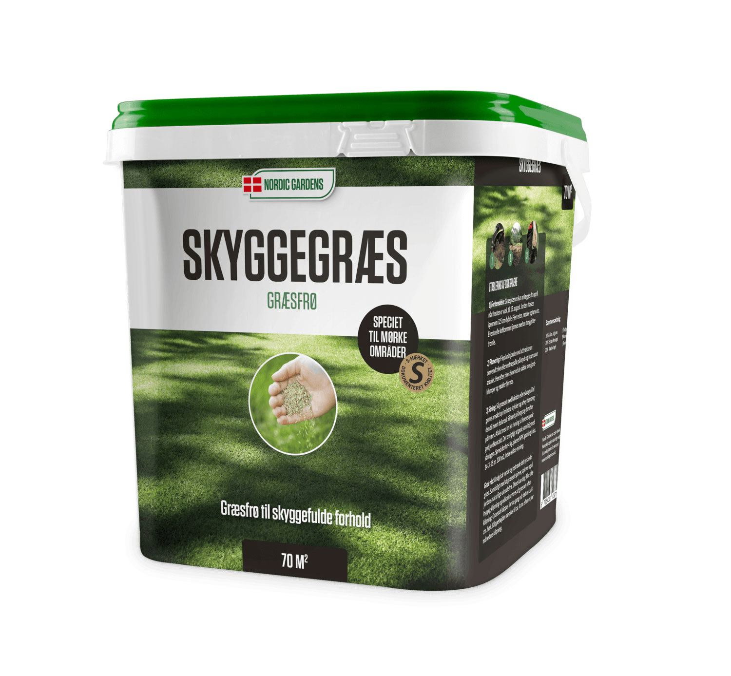 Spand med Nordic Gardens skyggegræs græsfrø 70 m²