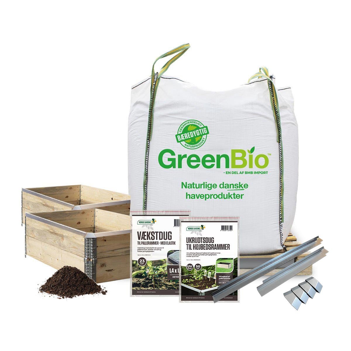 GreenBio højbedssæt med jord, trærammer og dug