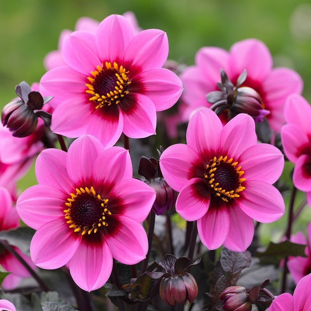 Dahlia 'Happy Single Wink' - 1 løg | Lav rosa dahlia fra Florex, blomstrer juli–oktober, ca. 20 cm høj Dahlia Happy Single Wink: lav rosa blomst med mørkt centrum og gule støvdragere. Velegnet til bede, kanter og altankasser. 1 løg fra Florex, plantes 5–10 cm dybt, blomstrer flittigt juli–oktober, højde ca. 20 cm.