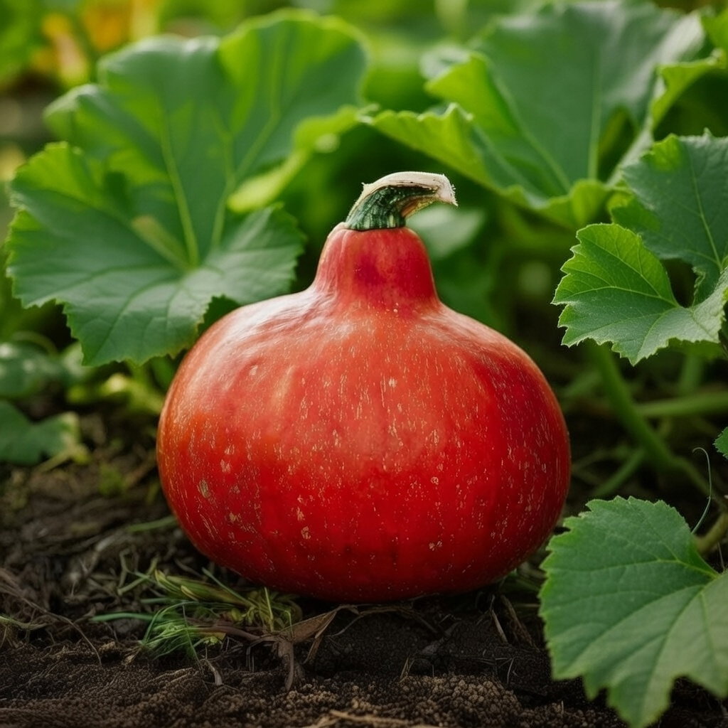 Rødt Hokkaido-græskar på jord omgivet af grønne blade. Økologisk sort, sød smag, dråbeformet og ca. 1,5 kg. Frø fra Buzzy Organic til frilandssåning maj–juni.
