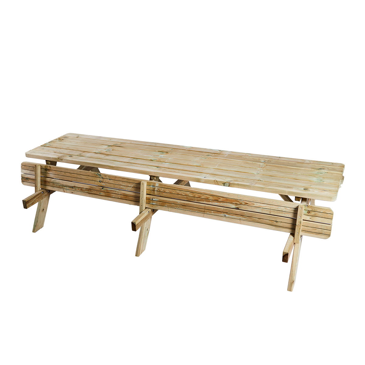 Bord-/bænkesæt 42 mm XXL HORTUS – trykimprægneret fyrretræ, 300 cm picnicbord med flip-up sæder HORTUS XXL picnicbord og bænkesæt i 42 mm trykimprægneret fyrretræ, 300 cm langt bord med flip-up sæder, robust og velegnet til terrasse og have for stor familie
