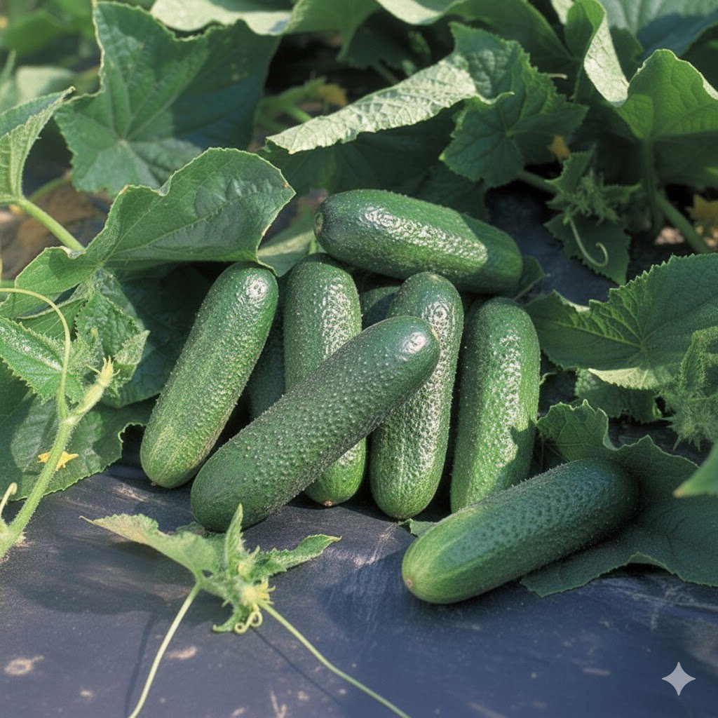 Mørkegrønne sylteagurker (drueagurker) med grov skal på planter; sort Profi F1. Økologiske frø fra Buzzy Organic, til såning maj-juni, høst juli-september, ideel til hjemmesyltning