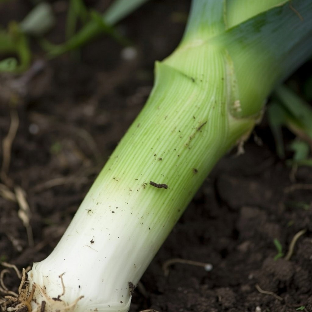 Porre frø "Bulgarian Giant" – stor efterårsvariant fra Horti Tops Nærbillede af Bulgarian Giant porre i jord med hvid bund og grønt skud, lang og tynd form; velegnet til supper og gryderetter. Køb porrefrø fra Horti Tops for stor vækst og mild løgsmag.