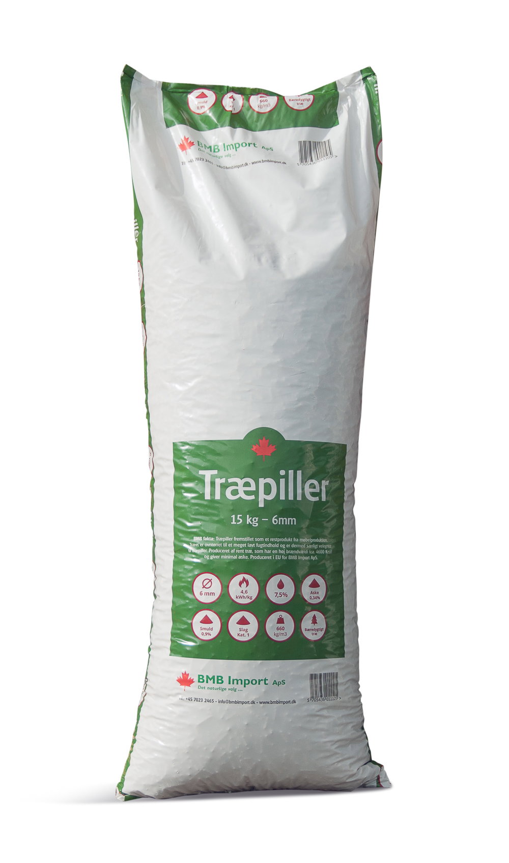 Sæk med træpiller 15 kg 6 mm fra BMB Import