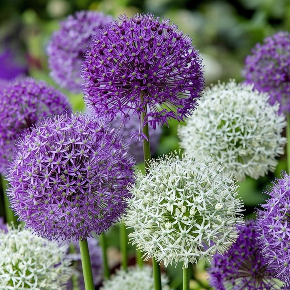 Prydløg Maxi-duo (15 løg) med store runde blomsterhoveder i lilla og hvid, ca. 90 cm høje. Flerårige prydløg, tåler frost, kan plantes i sol eller halvskygge, tiltrækker bier og er velegnede som snitblomster. Producent: Sperli.