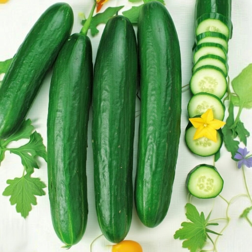 Agurker af sorten Johanna fra Horti Tops: lange, ensartede mørkegrønne agurker med skiver vist; sød og knasende smag, ideelle til salater, sandwich og tzatziki, nemme at dyrke fra frø.